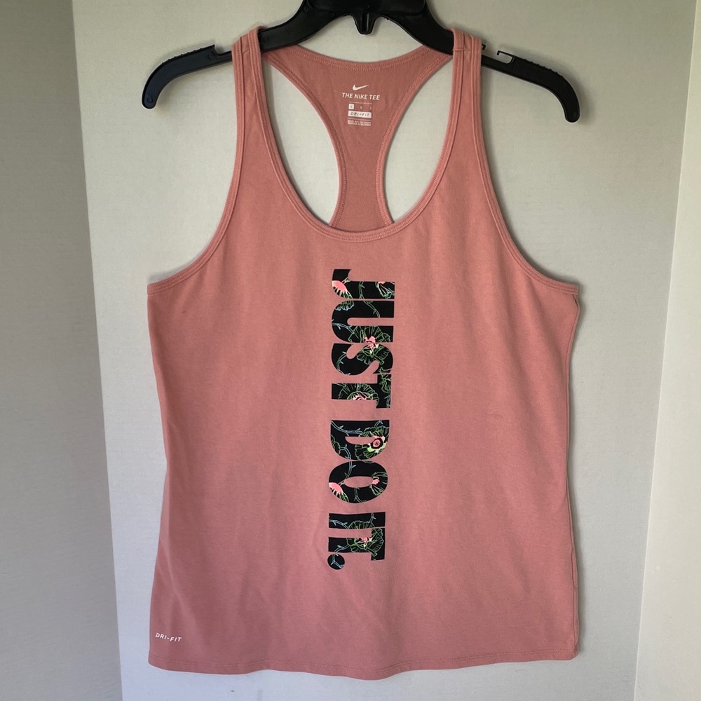 Nike Women's   Size  Large Coral Tank Top with Floral 'Just Do It' Dri-fit